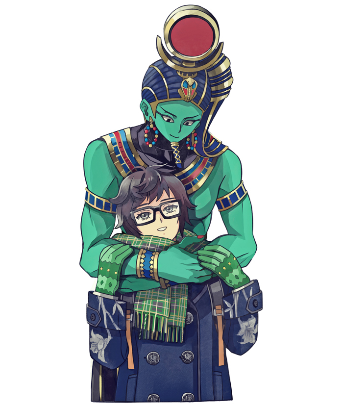 1boy, 1girl, ancient_egyptian, atsuta_miyazu, colored_skin, glasses, gloves, green_skin, khonsu_(megami_tensei), school_uniform, shin_megami_tensei, shin_megami_tensei_v, short_hair