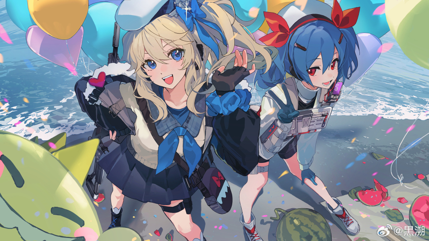 2girls, bag, balloon, beret, bike_shorts, black_footwear, black_gloves, black_skirt