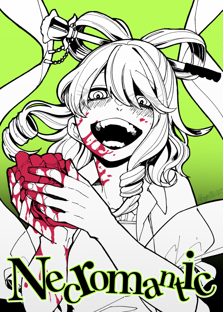 1girl, absurdres, akatsuki_records, blood, blood_on_face, blood_on_hands, blush, commentary_request, dress, drill_hair, drill_sidelocks, eyes_visible_through_hair, green_background, hagoromo, hair_between_eyes, hair_ornament, hair_rings, hair_stick, heart_(organ), highres, holding, holding_heart_(organ), kaku_seiga, long_bangs, looking_at_viewer, medium_hair, necromantic, ngc7k, open_mouth, puffy_short_sleeves, puffy_sleeves, shawl, short_sleeves, sidelocks, smile, solo, spot_color, teeth, touhou, upper_body