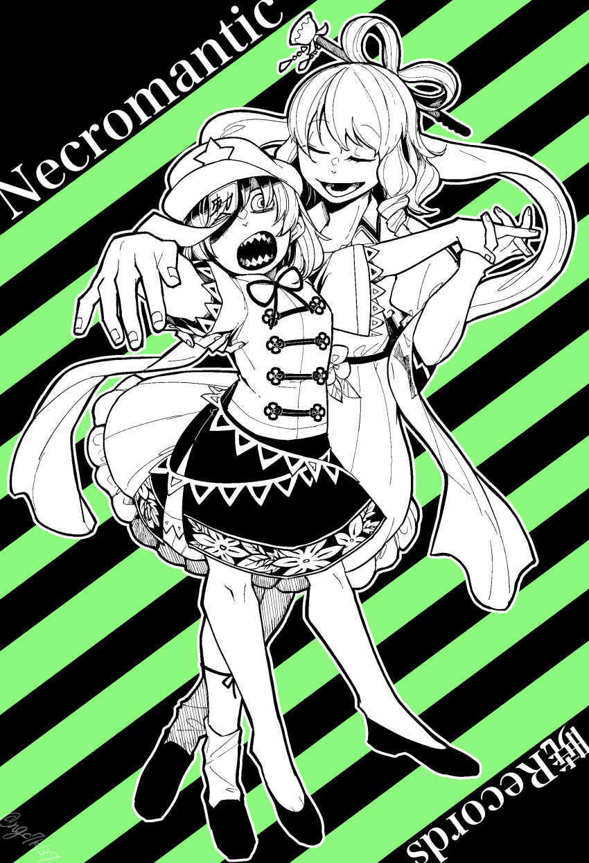 2girls, absurdres, akatsuki_records, chinese_clothes, closed_eyes, commentary_request, dress, feixianji_(hairstyle)