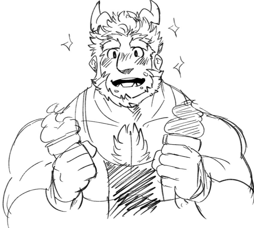 1boy, :d, bara, beard, blush, body_fur, chest_tuft, cropped_torso, facial_hair, fang, fang_out, food, full_beard, greyscale, holding, holding_food, holding_ice_cream, ice_cream, juggermelon, juggernaut_(juggermelon), looking_at_viewer, male_focus, monochrome, muscular, muscular_male, open_mouth, original, pectoral_cleavage, pectorals, sanpaku, short_hair, sketch, smile, solo, sparkle, sparkling_aura, tank_top, tareme, thick_beard, thick_eyebrows, upper_body