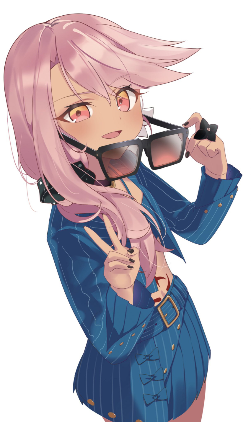 1girl, akaneko016, bandeau, blue_jacket, blue_skirt, blush, breasts, chloe_von_einzbern