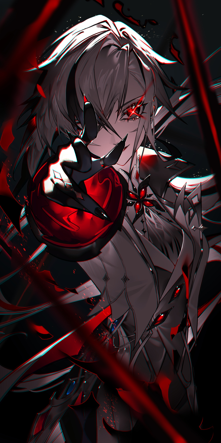 1girl, absurdres, arlecchino_(genshin_impact), black_hair, black_pants, coat, commentary, cowboy_shot, furittsu, genshin_impact, grey_coat, grey_hair, grey_shirt, highres, looking_at_viewer, multicolored_hair, pants, shirt, smile, solo, standing, streaked_hair