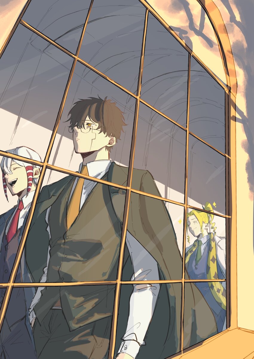 3boys, blonde_hair, blue_vest, brown_hair, closed_eyes, collared_shirt, facial_mark, formal_clothes