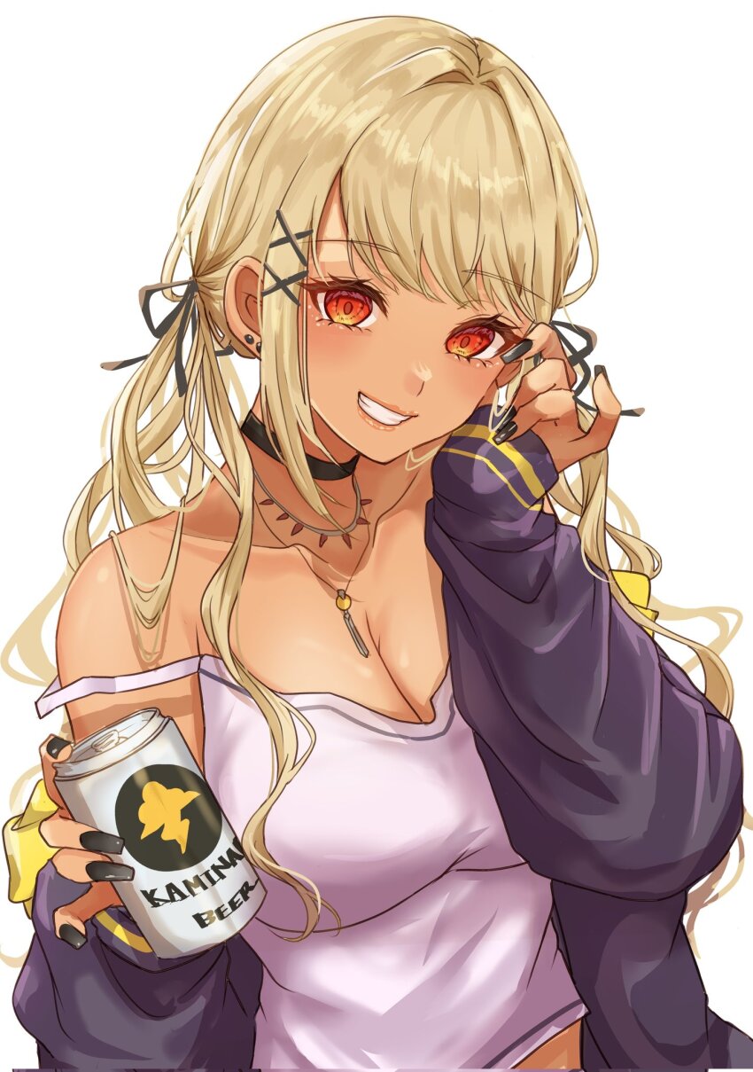 1girl, alcohol, beer, black_choker, black_jacket, black_nails, black_ribbon, blonde_hair