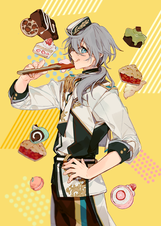 1boy, :q, apron, brown_pants, cake, cake_slice, chef, closed_mouth