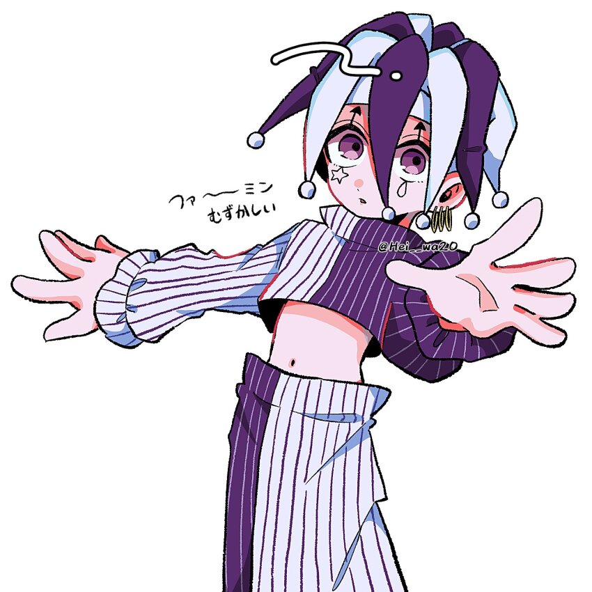 1boy, :o, clothing_cutout, earrings, facial_mark, famin_(mashle), hat, hei_wa20, highres, jester, jester_cap, jewelry, long_sleeves, mashle, multiple_earrings, navel, pants, purple_eyes, solo, striped_clothes, striped_pants