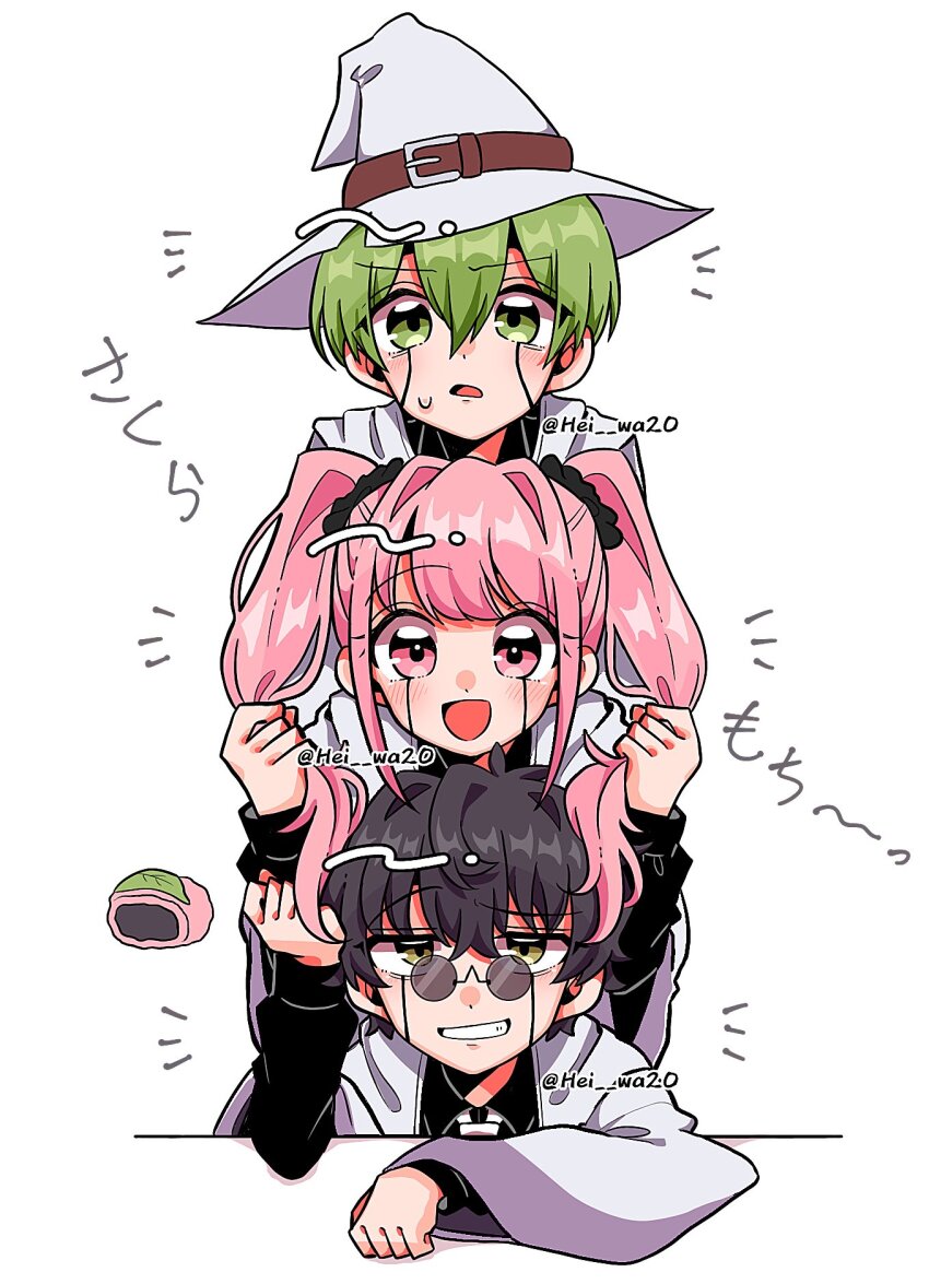 1girl, 2boys, black_hair, food, glasses, green_eyes, green_hair, hat