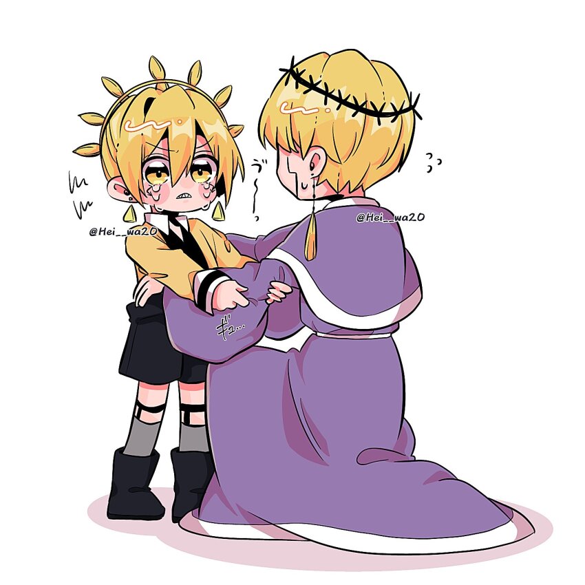 2boys, aged_down, black_footwear, blonde_hair, cell_war, coat, collared_shirt, delisaster