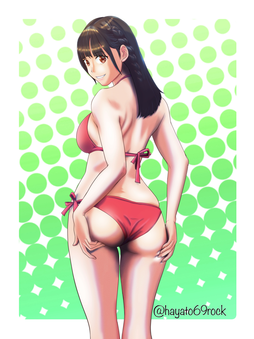 1girl, animification, artist_name, ass, ass_support, bikini, braid, brown_hair