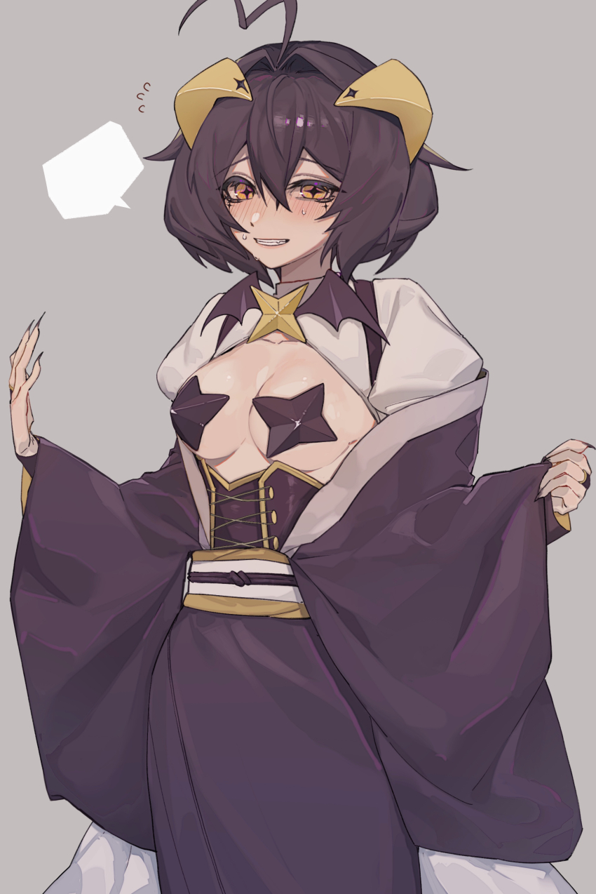 +_+, 1girl, absurdres, adou_(mutato), ahoge, black_hair, black_kimono, blank_speech_bubble, blush, breasts, grey_background, hair_intakes, highres, hiiragi_utena, horns, japanese_clothes, juliet_sleeves, kimono, long_finger, long_sleeves, looking_at_viewer, magia_baiser, mahou_shoujo_ni_akogarete, medium_breasts, off_shoulder, orange_eyes, parted_lips, pasties, puffy_sleeves, shrug_(clothing), smile, solo, speech_bubble, star_(symbol), star_pasties, sweat