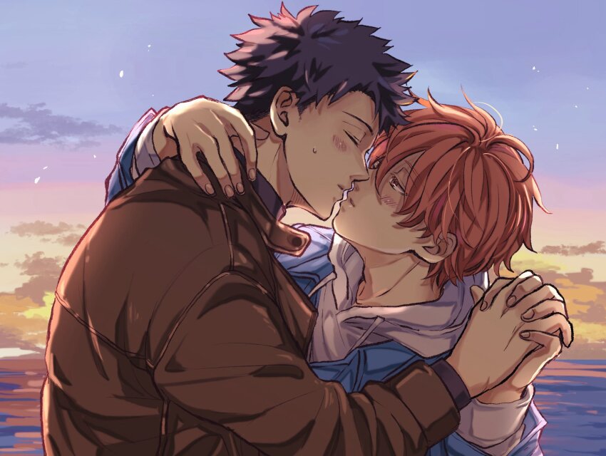 2boys, black_hair, blue_jacket, blush, brown_jacket, closed_eyes, cloud, couple, given, gradient_sky, highres, holding_hands, hood, hoodie, horizon, hsssmiii, hugging_with_one_arm, imminent_kiss, jacket, jacket_over_hoodie, light_particles, long_sleeves, male_focus, multiple_boys, ocean, orange_hair, satou_mafuyu, short_hair, sky, sunset, sweatdrop, uenoyama_ritsuka, upper_body, white_hoodie, yaoi