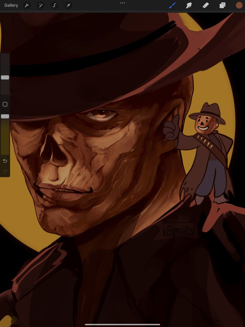 1boy, absurdres, art_program_in_frame, black_gloves, brown_eyes, brown_hat, brown_jacket, chibi, chibi_inset, commentary, the_ghoul_(fallout_tv_series), cowboy_hat, english_commentary, fallout_(prime_video), fallout, ghoul, gloves, hat, highres, jacket, lolthies, looking_at_viewer, male_focus, portrait, smile, solo_focus, the_ghoul_(fallout_series), thumbs_up