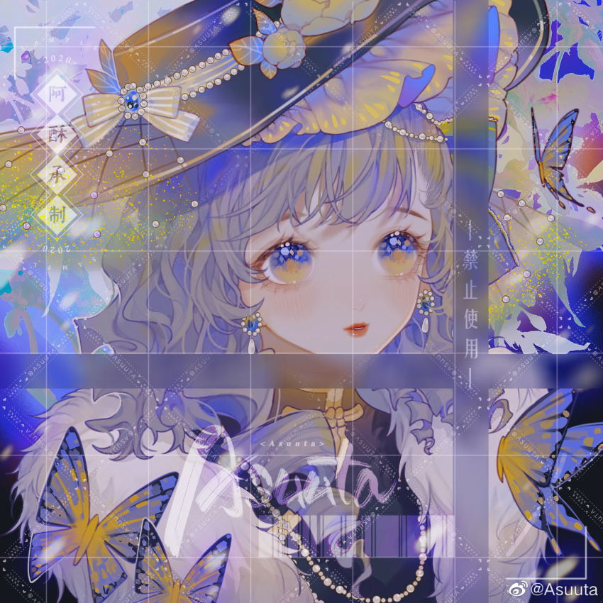 1girl, artist_name, asuuta, barcode, beads, black_hat, black_shirt, blue_background