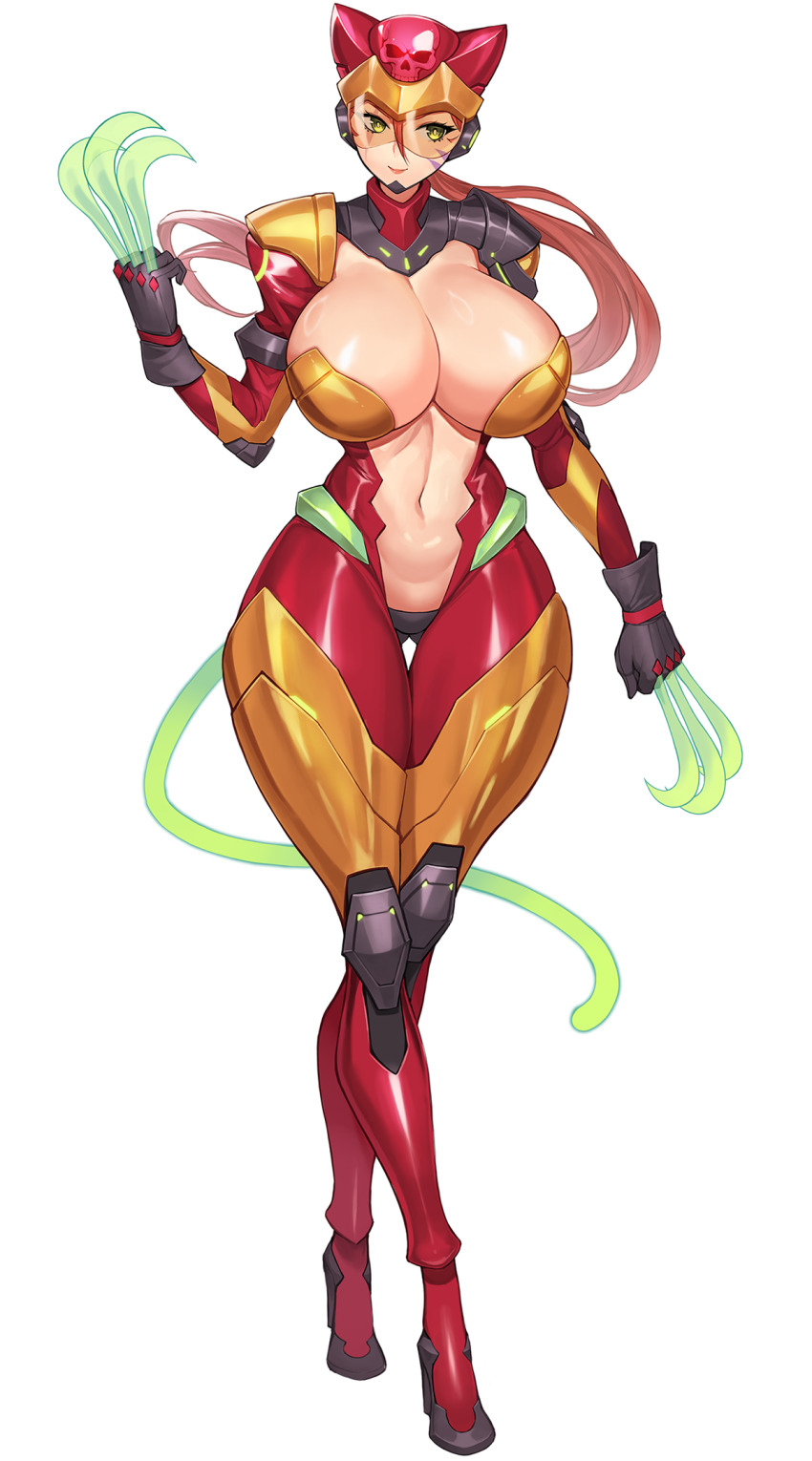 1girl, animal_ear_helmet, animal_ears_helmet, animal_helmet, armlet, armor, black_gloves, bodysuit, boots, breasts, cat_helmet, cat_tail, check_copyright, clawed_gauntlets, cleavage, closed_mouth, commentary, commission, copyright_request, crossed_legs, curvy, facial_mark, full_body, gloves, gluteal_fold, green_eyes, gurimjang, hair_between_eyes, hand_up, helmet, high_heel_boots, high_heels, highres, jewelry, large_breasts, linmei_quan, long_hair, low_ponytail, navel, original, ponytail, red_bodysuit, red_hair, revealing_clothes, scar, scar_across_eye, scar_on_face, shoulder_armor, simple_background, smile, solo, standing, stomach, tachi-e, tail, thigh_gap, watson_cross, white_background, wide_hips