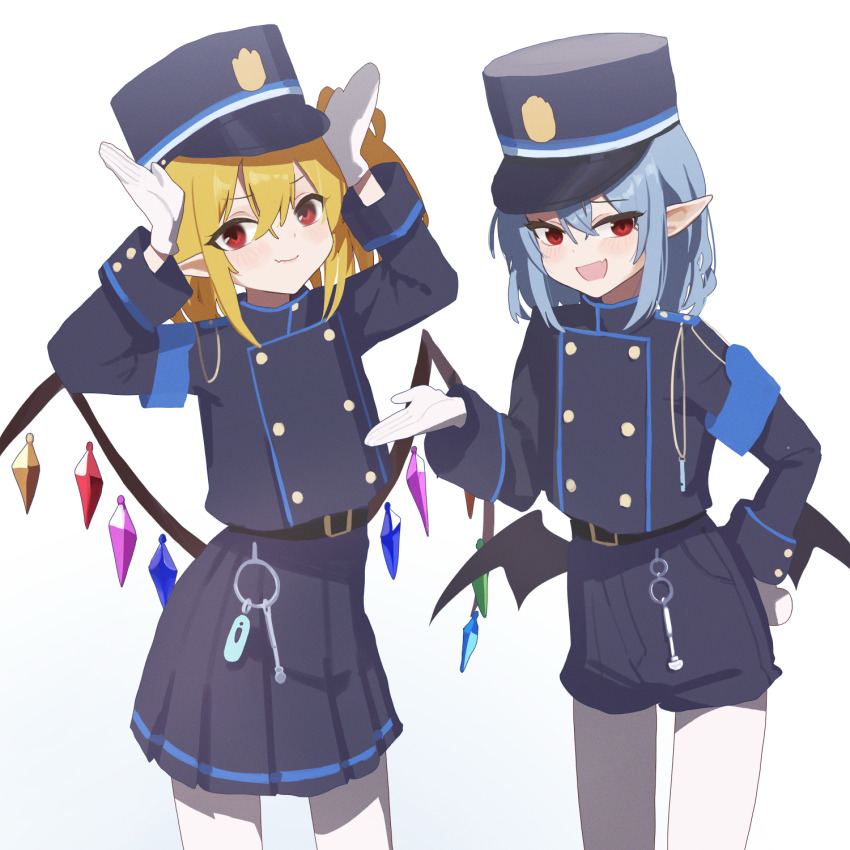 2girls, armband, bat_wings, bei_chelun_de_daquan_yangcong_anakin, black_hat, black_jacket, black_shorts, black_skirt