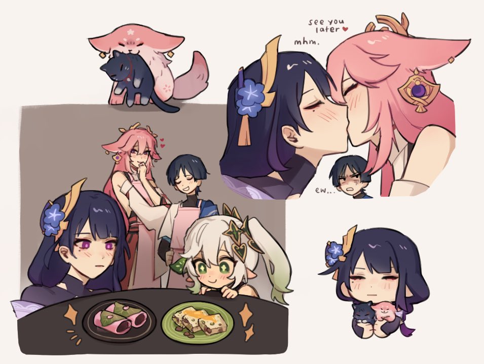 1boy, 3girls, animal, animal_ears, animal_hug, animalization, blush, cat_ears