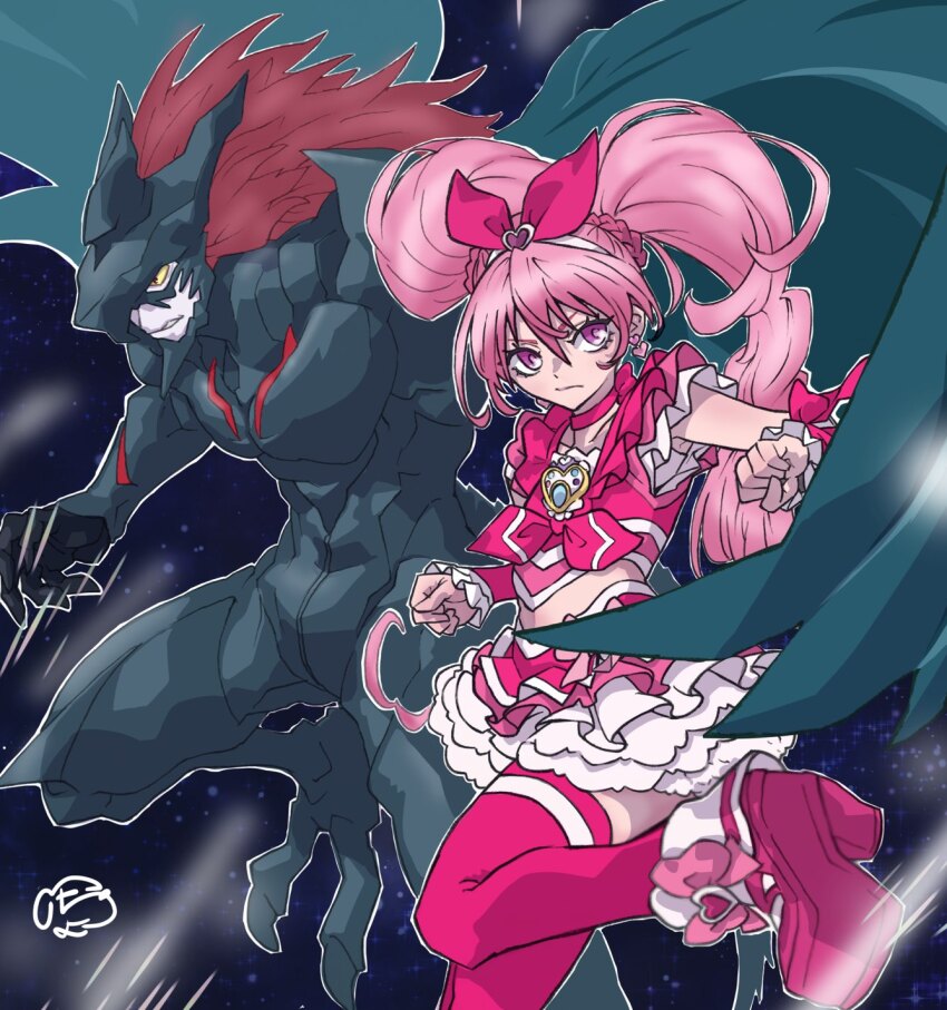 1boy, 1girl, alternate_eye_color, armor, black_armor, black_wings, bow, braid