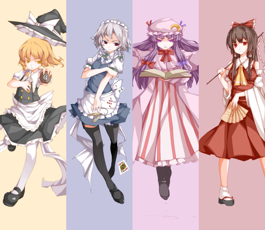 4girls, ascot, black_hair, black_pantyhose, black_thighhighs, blonde_hair, blush, book