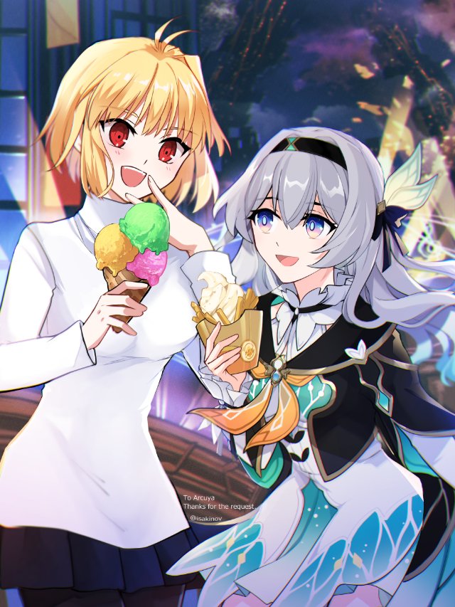 2girls, arcueid_brunestud, black_hairband, blonde_hair, breasts, collared_shirt, cropped_jacket, firefly_(honkai:_star_rail)