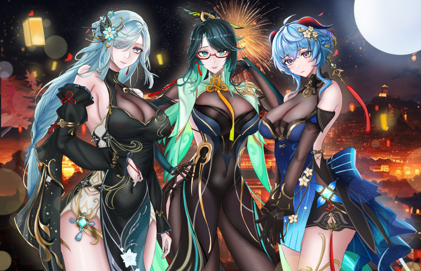 3girls, absurdres, aqua_hair, bare_shoulders, black_dress, black_pantyhose, blue_dress, blue_eyes, blue_hair, breasts, chinese_commentary, commentary_request, cowboy_shot, detached_sleeves, dress, ganyu_(genshin_impact), ganyu_(twilight_blossom)_(genshin_impact), genshin_impact, glasses, hair_over_one_eye, highres, horns, large_breasts, long_hair, long_sleeves, looking_at_viewer, minuolin, multiple_girls, official_alternate_costume, pantyhose, red-framed_eyewear, shenhe_(frostflower_dew)_(genshin_impact), shenhe_(genshin_impact), sideboob, sleeveless, sleeveless_dress, standing, thighs, very_long_hair, xianyun_(genshin_impact)