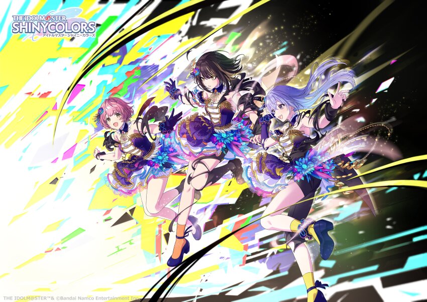 3girls, absurdres, bare_shoulders, black_hair, blonde_hair, blue_hair, brown_hair, cometik_(idolmaster)