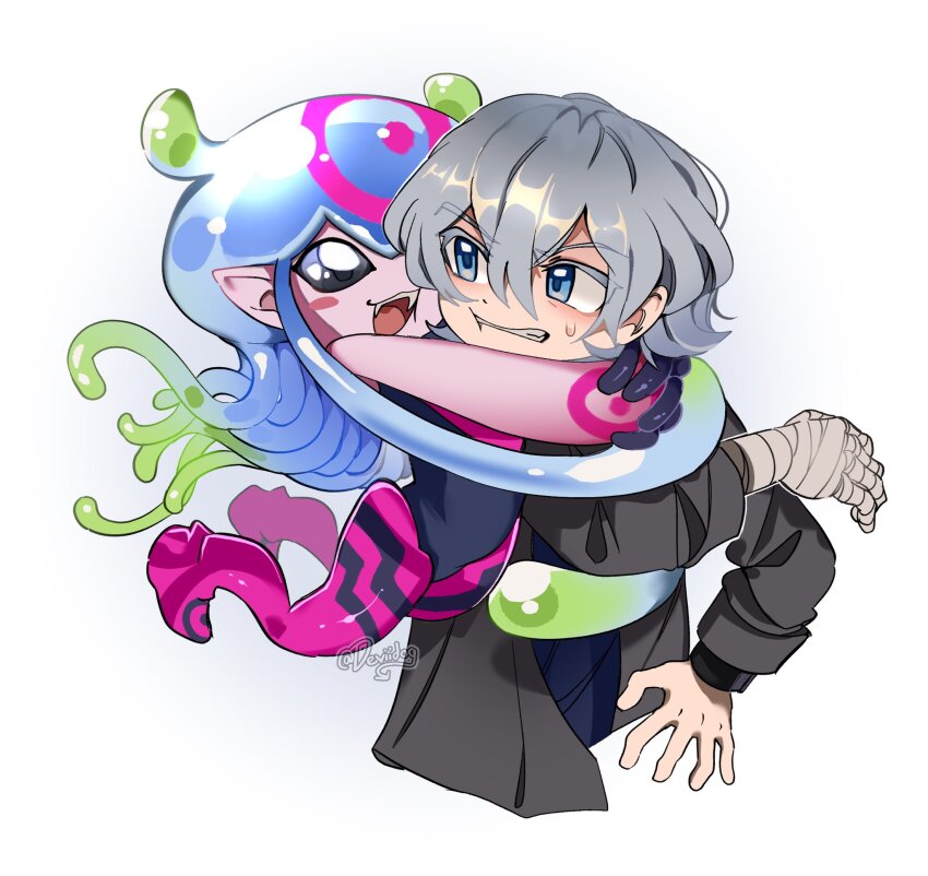 1boy, 1girl, artist_name, bandaged_arm, bandaged_hand, bandages, black_coat, blue_eyes, clenched_teeth, coat, colored_eyelashes, colored_skin, commentary, cropped_torso, deviidog0, digimon, digimon_(creature), digimon_ghost_game, english_commentary, fangs, grey_hair, hands_up, higashimitarai_kiyoshiro, highres, hug, jellyfish_girl, jellymon, long_sleeves, looking_at_another, open_mouth, pink_skin, pointy_ears, short_hair, simple_background, teeth, tentacle_hair, white_background
