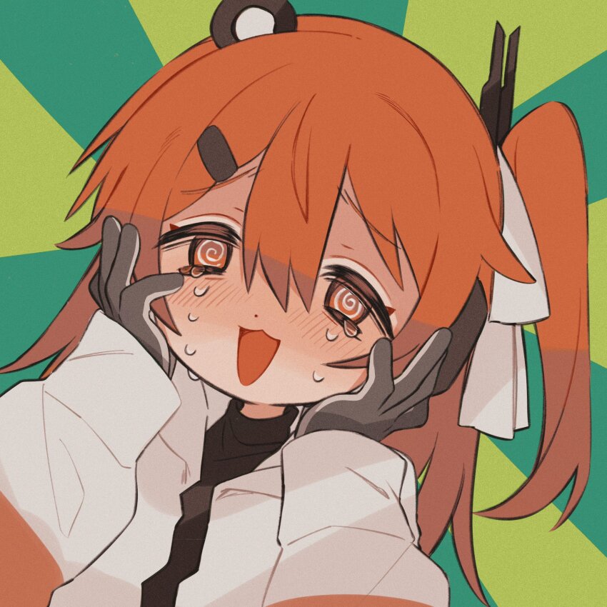 1girl, :3, @_@, a.i._voice, adachi_rei, black_shirt, blush, dot_nose