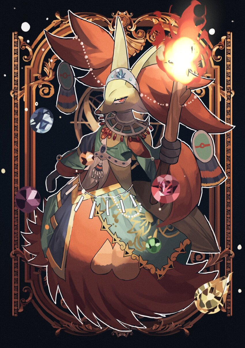 blue_gemstone, delphox, delphox_(sacred), fire, fox, full_body, furry, gem, gen_6_pokemon, highres, holding, holding_stick, nintendo, orange_eyes, orange_fur, outline, pokemon, pokemon_(creature), pokemon_unite, purple_gem, red_gem, reo_(mmocc123), standing, stick, white_outline, yellow_fur, yellow_gemstone