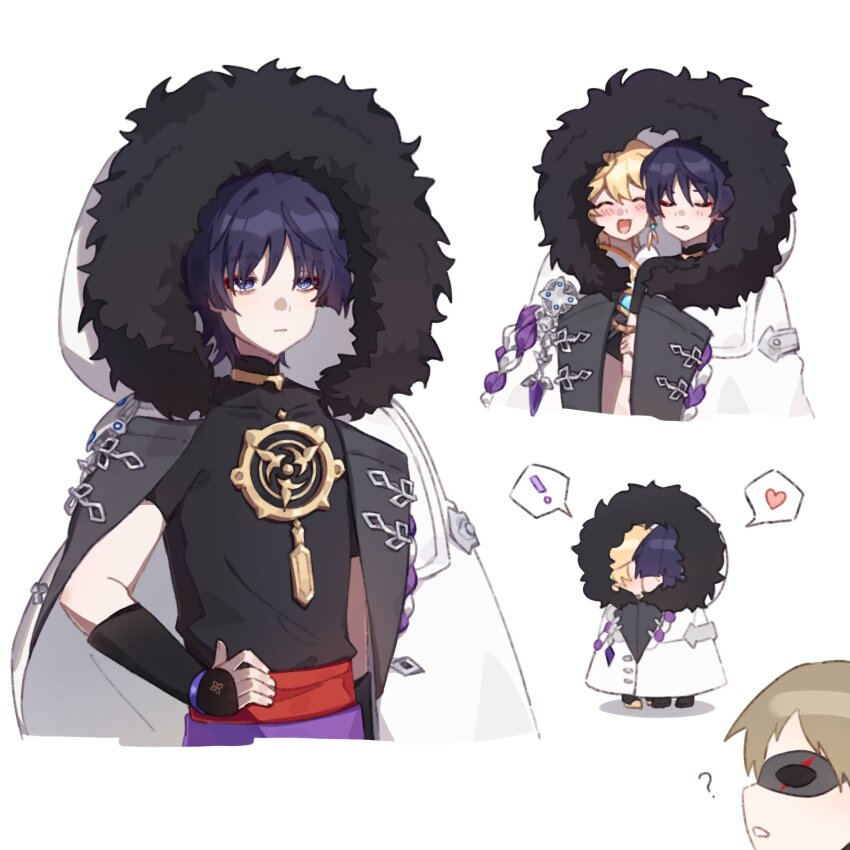 !, 3boys, ?, aether_(genshin_impact), ahoge, armor, belt, black_footwear