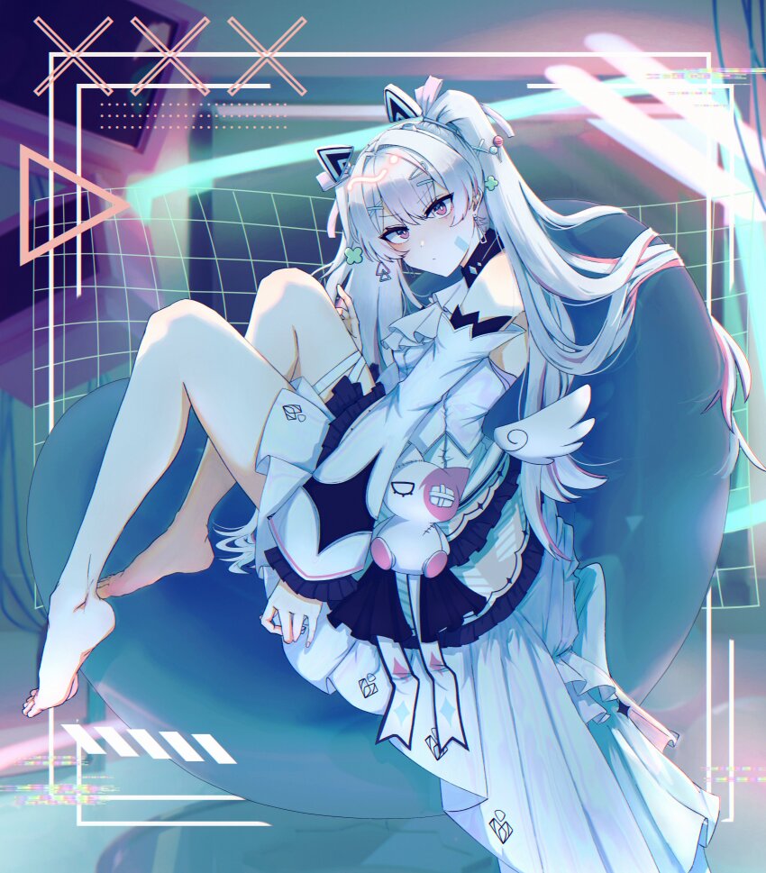 1girl, absurdres, bare_legs, bare_shoulders, barefoot, black_dress, detached_sleeves, dress, floating_headgear, grey_hair, hair_intakes, hair_ornament, hairclip, headgear, highres, idol, karenina:_scire_(neon_dynamite)_(pgr), karenina:_scire_(pgr), karenina_(pgr), layered_dress, layered_sleeves, lollipop_hair_ornament, long_hair, looking_at_viewer, low_wings, mu_2_ka_4_1, multicolored_hair, official_alternate_costume, pink_eyes, pink_hair, punishing:_gray_raven, solo, streaked_hair, stuffed_animal, stuffed_cat, stuffed_toy, twintails, white_dress, white_sleeves, wings, x_hair_ornament