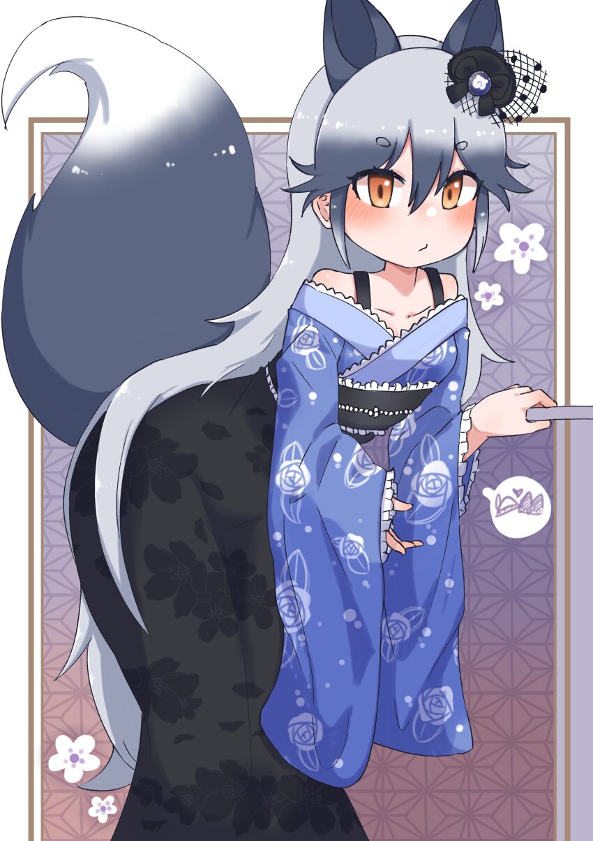 1girl, absurdres, animal_ears, bare_shoulders, black_kimono, blue_kimono, blush, chai_chai_huishi