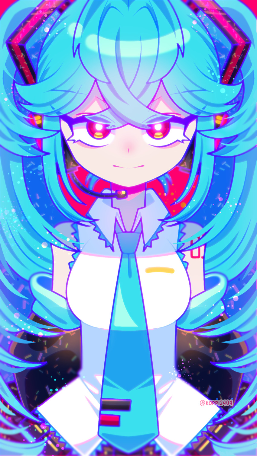 aqua_hair, aqua_necktie, artist_name, black_eyeliner, breasts, detached_sleeves, expressionless, eyeliner