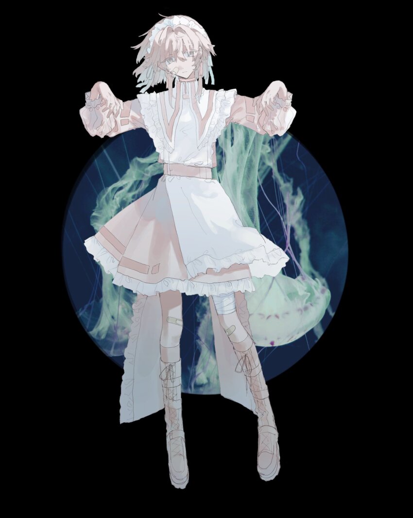 1girl, apron, bandaged_leg, bandages, bandaid, bandaid_on_face, bandaid_on_leg, belt, black_background, boots, brown_hair, choker, commentary_request, dress, expressionless, floating_hair, frilled_dress, frills, full_body, grey_eyes, hair_intakes, half-closed_eyes, hands_up, head_tilt, highres, jellyfish, knee_boots, limp_wrist, long_sleeves, looking_at_viewer, lpalpa_(vocaloid), maid_headdress, original, photo_inset, pink_belt, pink_choker, pink_dress, shironagasu_06, short_dress, solo, white_apron
