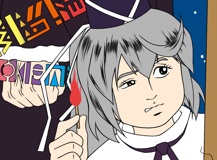 2girls, anger_vein, black_eyes, black_ribbon, chargeman_ken!, clenched_hand, commentary_request, fire