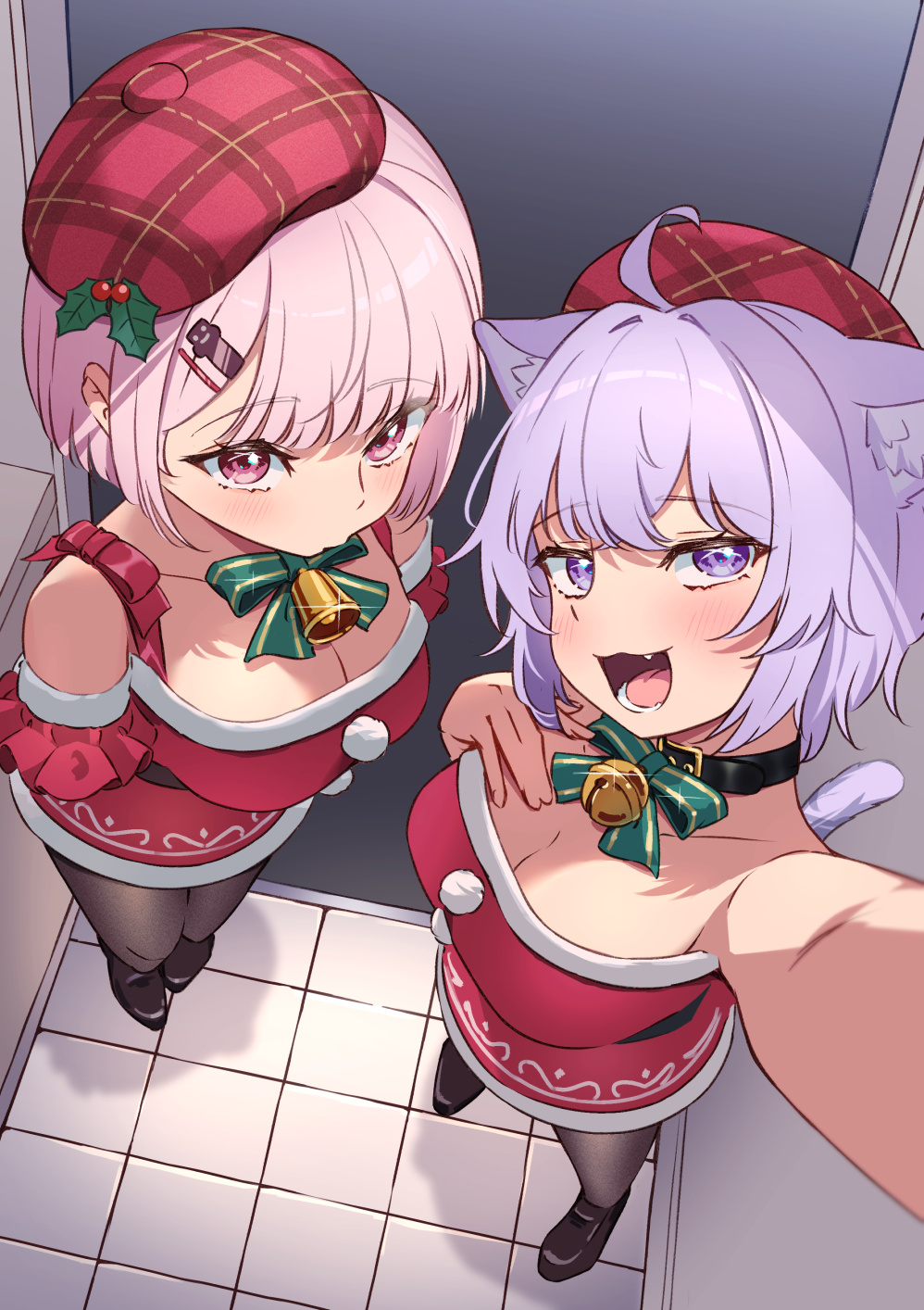 2girls, :3, :d, :o, alternate_costume, alternate_hair_length, alternate_hairstyle, animal_ear_fluff, animal_ears, armpits, bare_shoulders, bell, belt, beret, black_collar, bow, bowtie, breasts, brown_belt, brown_footwear, brown_pantyhose, cat_ears, cat_girl, cat_tail, christmas, cleavage, collar, detached_sleeves, doorway, dress, fang, foreshortening, frilled_sleeves, frills, fur-trimmed_dress, fur_trim, green_bow, green_bowtie, hair_ornament, hairclip, hand_on_own_chest, hat, hat_ornament, highres, holly_hat_ornament, hololive, jingle_bell, large_breasts, loafers, looking_at_viewer, mistletoe, multiple_girls, neck_bell, nekomata_okayu, nijisanji, open_mouth, pantyhose, pink_eyes, pink_hair, plaid_clothes, plaid_headwear, pom_pom_(clothes), purple_eyes, purple_hair, reaching, reaching_towards_viewer, red_dress, red_hat, santa_costume, santa_dress, selfie, shiina_yuika, shin_toro, shoes, siblings, sisters, smile, standing, strapless, strapless_dress, tail, tube_dress, virtual_youtuber, white_hair