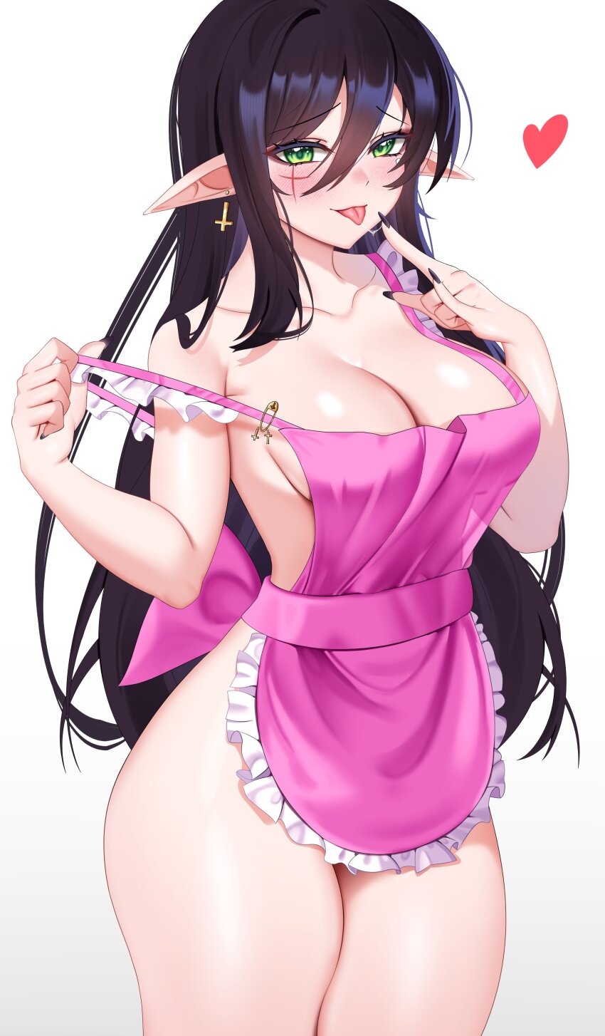1girl, :p, absurdres, apron, back_bow, black_hair, black_nails, blush