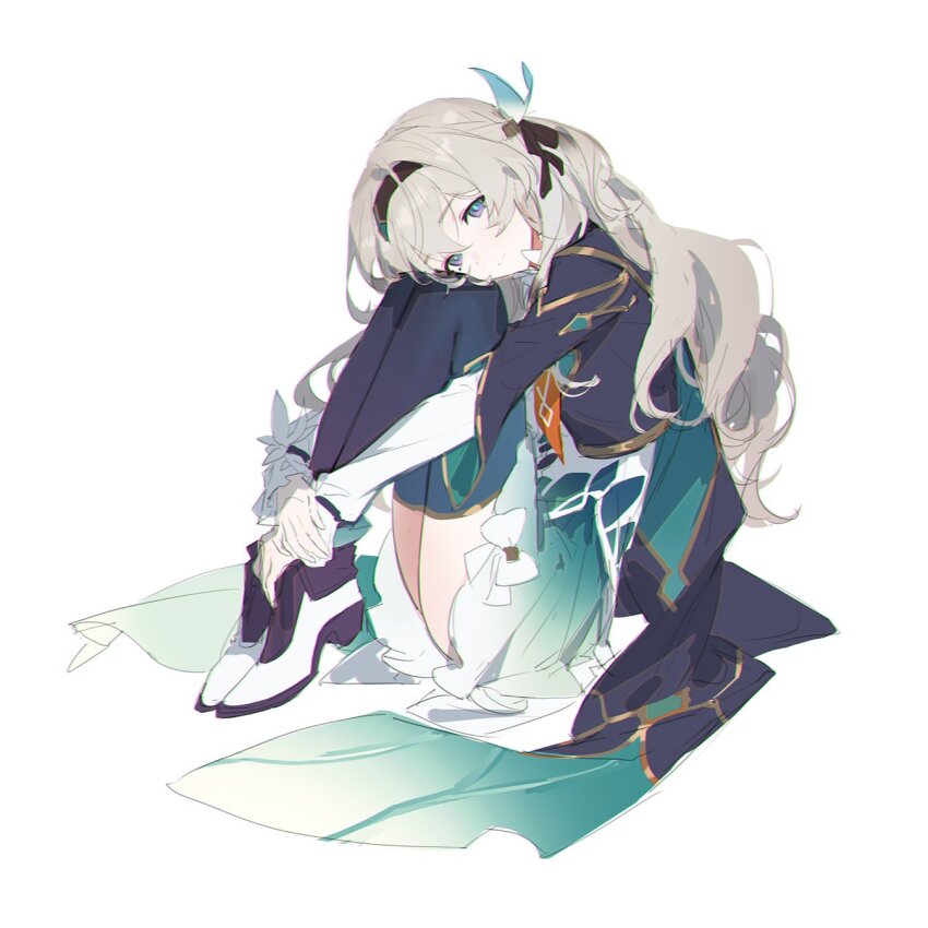 1girl, aqua_skirt, black_hairband, black_jacket, blue_pupils, blue_thighhighs, bow, cropped_jacket