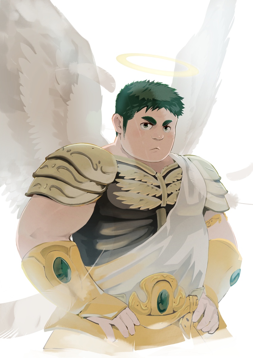 1boy, :<, absurdres, angel, angel_wings, armor, backlighting, bara