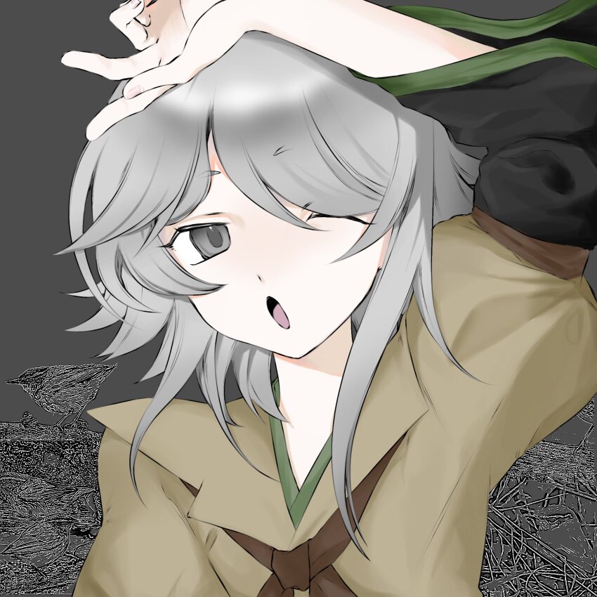 1other, androgynous, black_sleeves, brown_jacket, chinese_commentary, commentary_request, gas_wf, green_trim