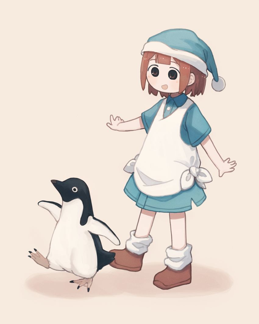 1girl, absurdres, adelie_penguin, apron, bird, blue_dress, blue_hat, brown_background