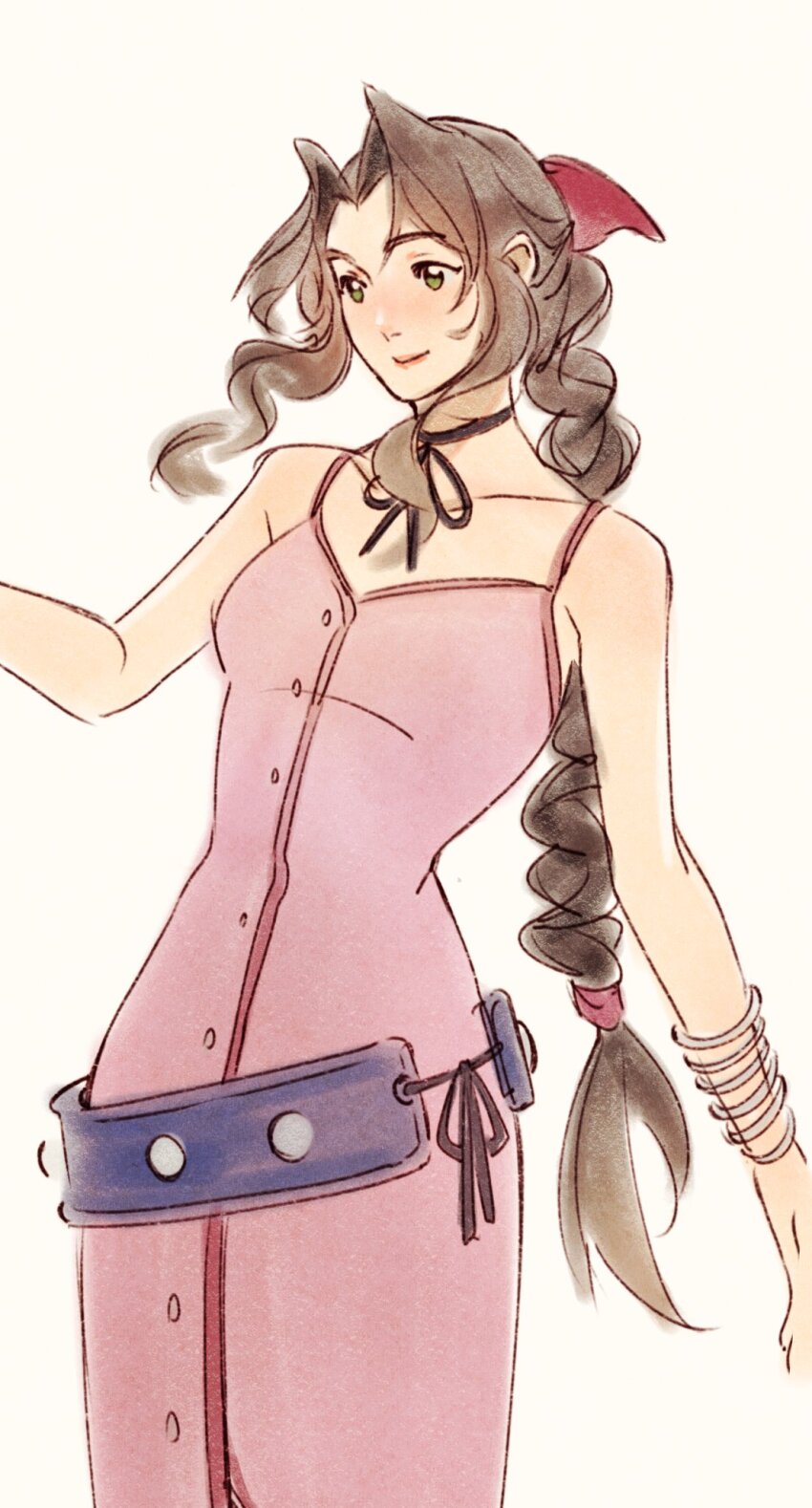 1girl, aerith_gainsborough, belt, bracelet, braid, brown_hair, closed_mouth, commentary