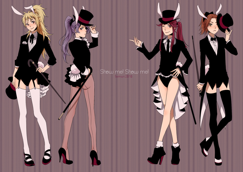 4boys, 4girls, animal_ears, ankle_socks, ayabe_kihachirou, back-seamed_legwear, black_thighhighs, blonde_hair, bobby_socks, boots, bow, bowtie, brown_eyes, cane, crossdressing, from_behind, garter_straps, hair_bow, hat, high_heel_boots, high_heels, legs, long_hair, looking_back, male_focus, male_playboy_bunny, multiple_boys, multiple_girls, necktie, one_eye_closed, orange_hair, pantyhose, playboy_bunny, ponytail, purple_hair, rabbit_ears, rabbit_tail, rakudai_ninja_rantarou, red_eyes, red_hair, saitou_takamaru, seamed_legwear, shoes, smile, socks, strappy_heels, tail, taira_no_takiyashamaru, tamura_mikiemon, temari114, thighhighs, top_hat, tuxedo, unworn_hat, unworn_headwear, vest, waistcoat, wedge_heels, white_thighhighs, wink, wrist_cuffs