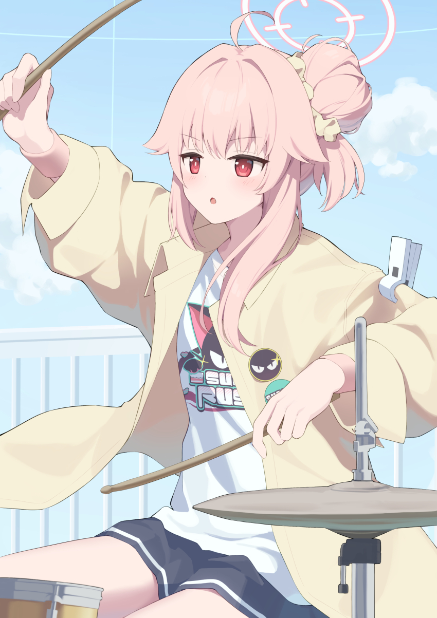 1girl, :o, absurdres, black_skirt, blue_archive, blush, coat, drum