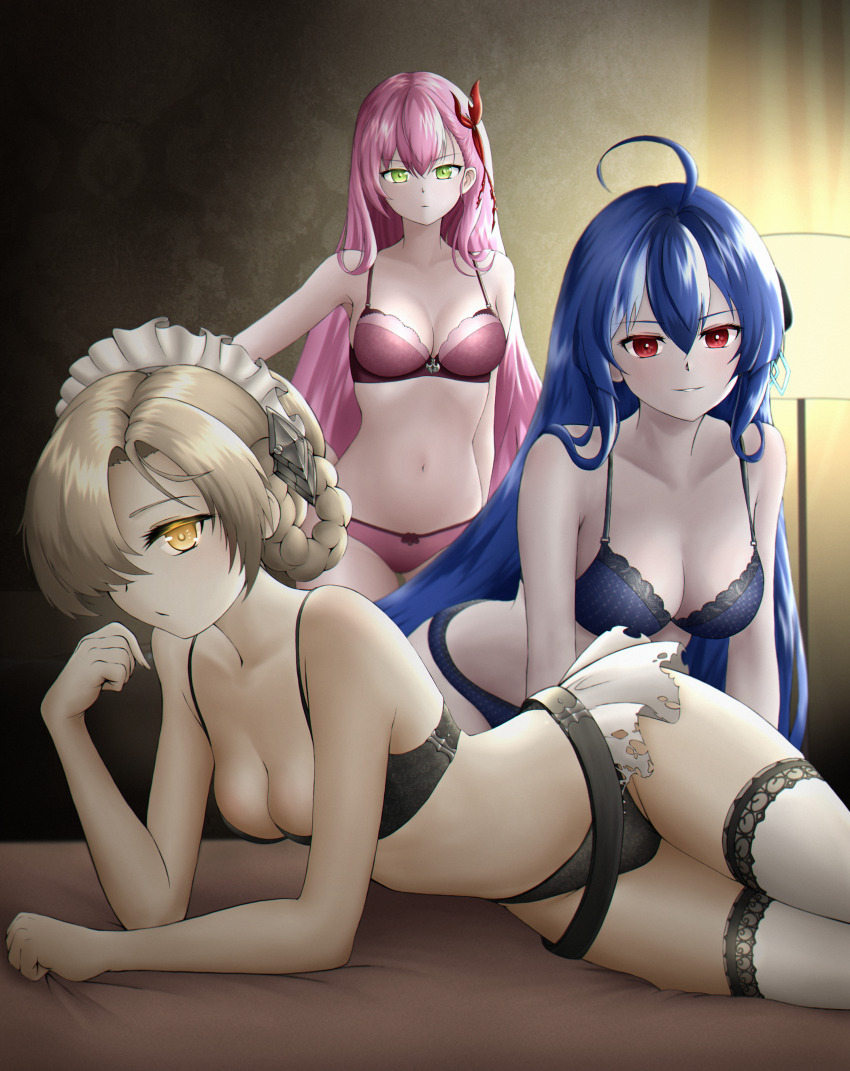 3girls, absurdres, ahoge, axelsworks, azur_lane, bed, belt, black_belt, black_bra, black_pantyhose, blonde_hair, blue_bra, blue_hair, blue_panties, bow, bow_bra, bow_panties, bra, braid, breasts, closed_mouth, commentary_request, elbow_rest, frown, green_eyes, hair_ornament, helena_(azur_lane), helena_(meta)_(azur_lane), highres, indoors, lamp, leaning_forward, lingerie, long_hair, looking_at_viewer, lying, maid_headdress, medium_breasts, memphis_(azur_lane), memphis_(meta)_(azur_lane), multiple_girls, navel, on_bed, on_side, pale_skin, panties, pantyhose, pink_bra, pink_hair, pink_panties, red_eyes, sheffield_(azur_lane), sheffield_(meta)_(azur_lane), short_hair, smile, standing, thighhighs, twin_braids, underwear, underwear_only, very_long_hair, white_thighhighs, yellow_eyes