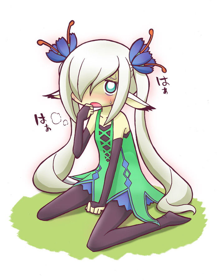 1girl, :o, animal_ears, bare_shoulders, between_legs, black_pantyhose, blue_eyes, blue_flower