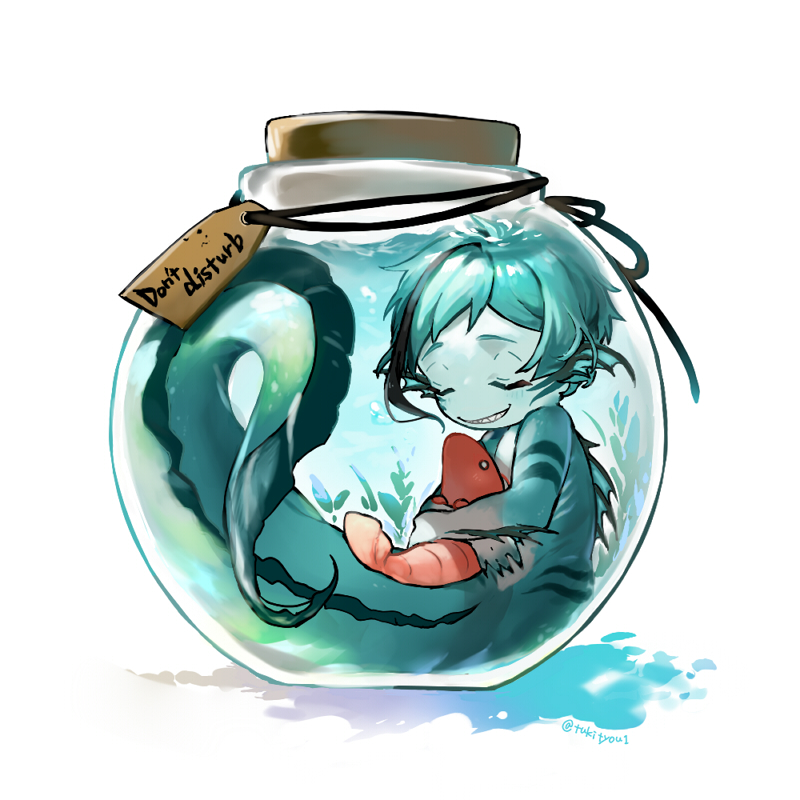 1boy, animal, artist_name, blue_hair, blue_skin, claws, closed_eyes, colored_skin