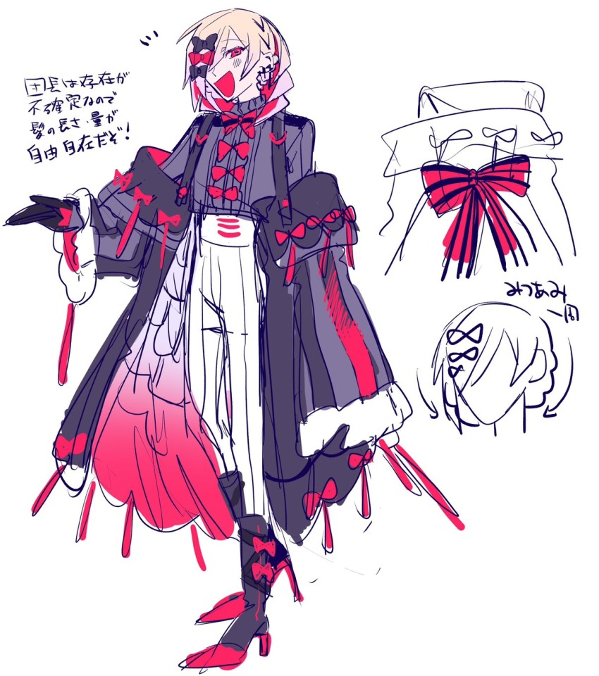 1boy, arm_at_side, arrow_(symbol), black_boots, black_bow, black_coat, black_gloves, blonde_hair