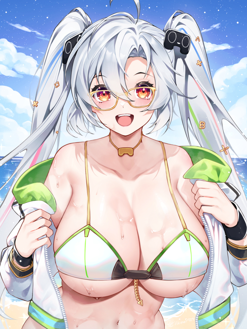 1girl, beach, bikini, blue_hair, breasts, character_request, controller_hair_ornament, glasses, green_hair, hair_between_eyes, hair_ornament, highres, indie_virtual_youtuber, jacket, large_breasts, multicolored_hair, navel, ocean, open_mouth, red_eyes, red_hair, ribura_(limezstariouz), smile, stomach, swimsuit, twintails, virtual_youtuber, white_bikini, white_hair, white_jacket
