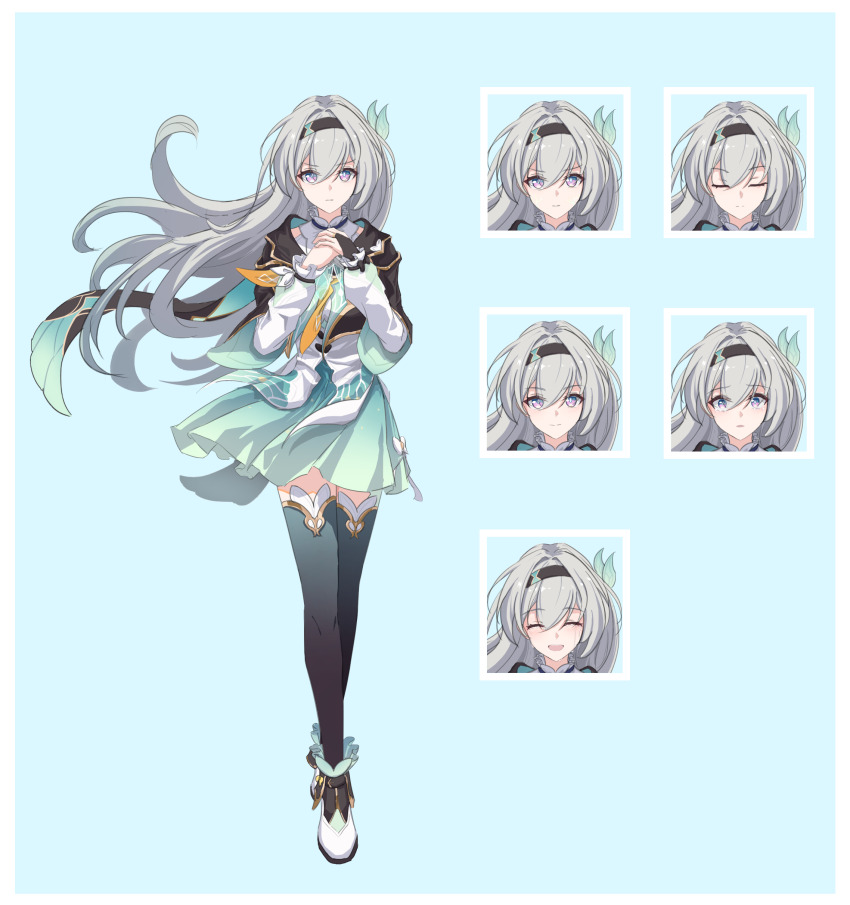 1girl, absurdres, aqua_skirt, black_bridal_gauntlets, black_hairband, black_jacket, black_thighhighs, blue_background